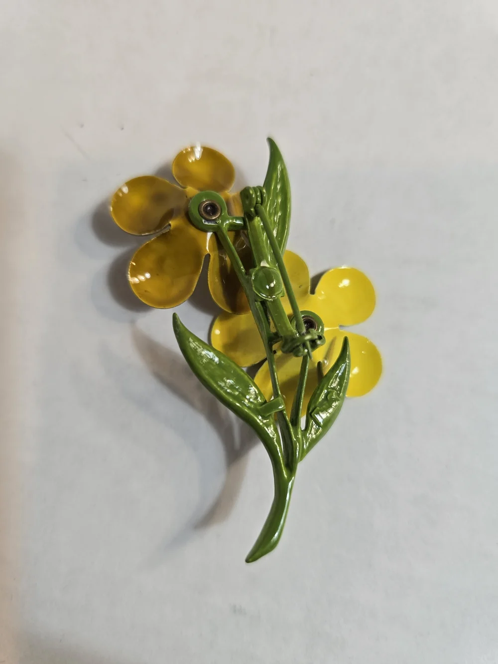 Yellow Two-Tone Floral Enamel Brooch Pin - Green Stem